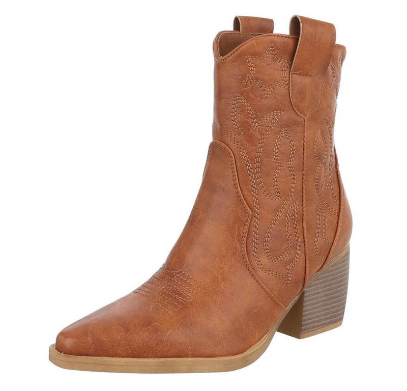 Ital-Design Elegante Westernboots für Damen mit Stickerei und Komfort Westernstiefelette (89937963) Blockabsatz Stiefeletten in Camel von Ital-Design