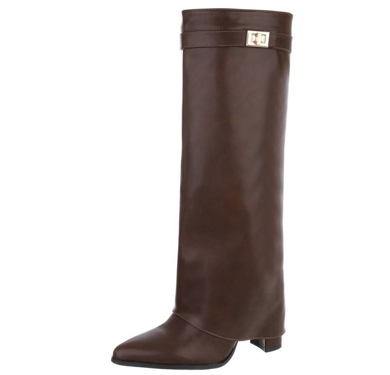 Ital-Design Elegante kniehohe Stiefelette mit Blockabsatz für Damen High-Heel-Stiefel (89852587) Blockabsatz Stiefel in Braun von Ital-Design