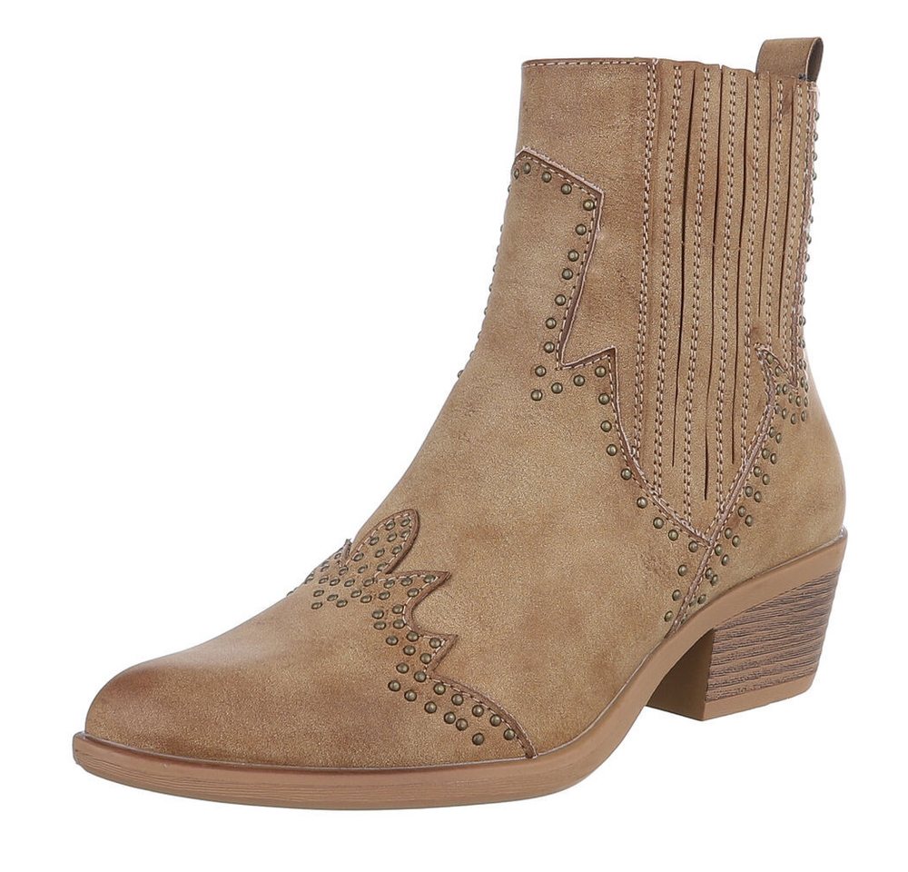 Ital-Design Eleganter Ankle-Boot mit dekorativen Details und mittelhohem Absatz Westernstiefelette (90471322) Blockabsatz Stiefeletten in Hellbraun von Ital-Design