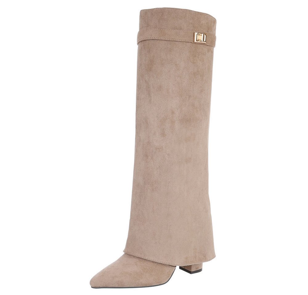 Ital-Design Eleganter Stiefel mit hohem Schaft für Damen High-Heel-Stiefel (90624833) Blockabsatz Stiefel in Hellbraun von Ital-Design