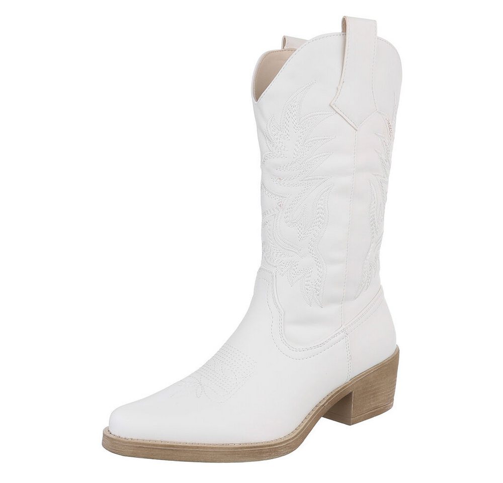 Ital-Design Eleganter Westernstiefel mit Stickerei für Damen Westernstiefel (89937872) Blockabsatz Stiefel in Weiß von Ital-Design