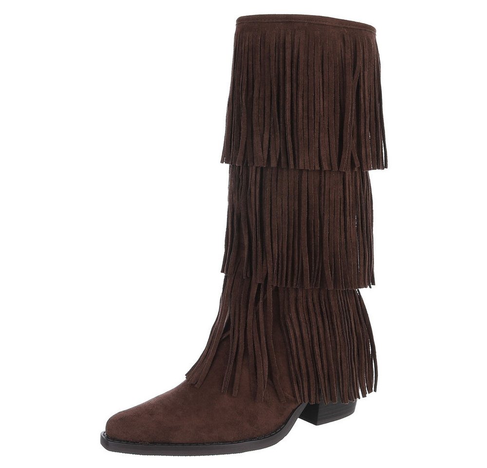 Ital-Design Fransenstiefel für Damen – Komfortabel und Trendig Westernstiefel (90704181) Blockabsatz Stiefel in Dunkelbraun von Ital-Design