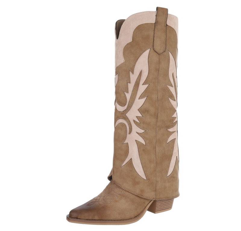 Ital-Design Hochwertige Damen-Stiefel mit kunstvollem Design für Alltag Westernstiefel (90755954) Blockabsatz Stiefel in Hellbraun von Ital-Design