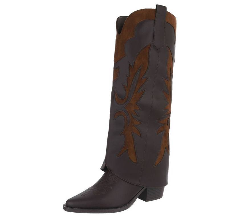 Ital-Design Hochwertige Damen-Stiefel mit kunstvollem Design für Alltag Westernstiefel (90755958) Blockabsatz Stiefel in Dunkelbraun von Ital-Design