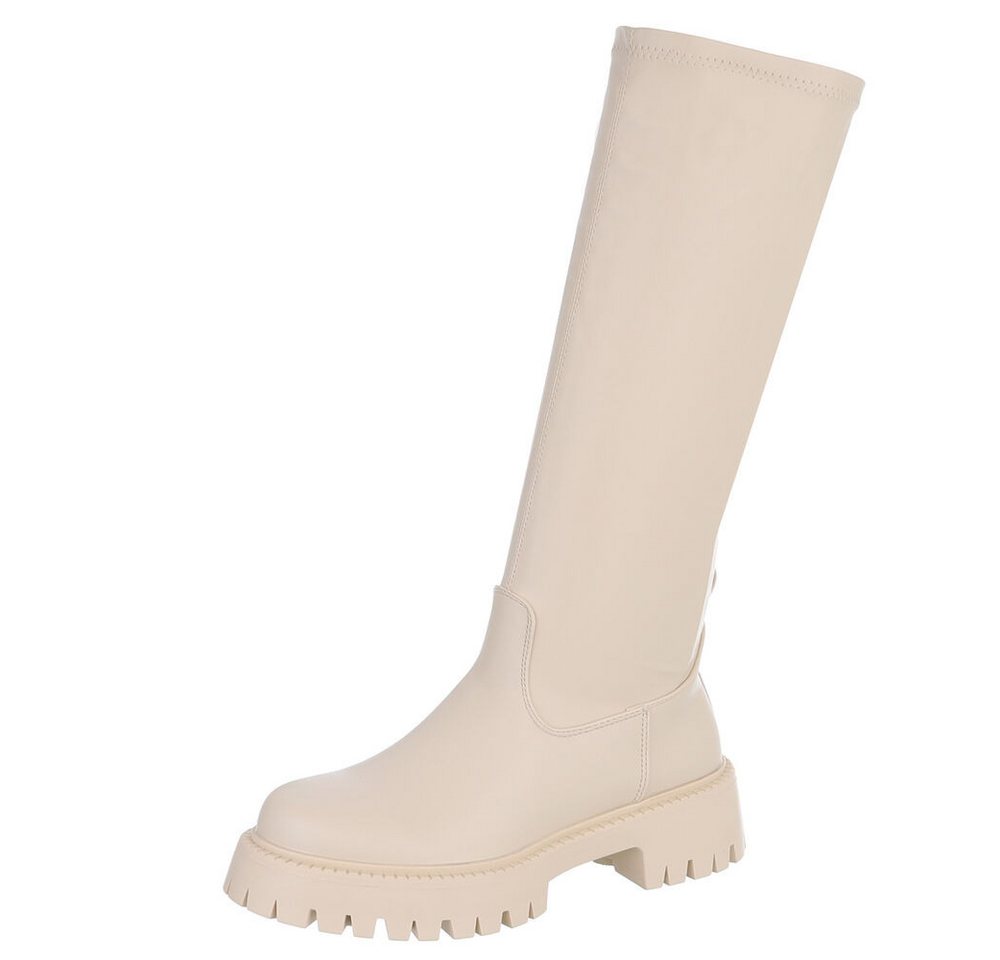 Ital-Design Kniehohe Damenstiefel mit bequemer Sohle für Alltag Plateaustiefel (90169374) Blockabsatz Stiefel in Beige von Ital-Design