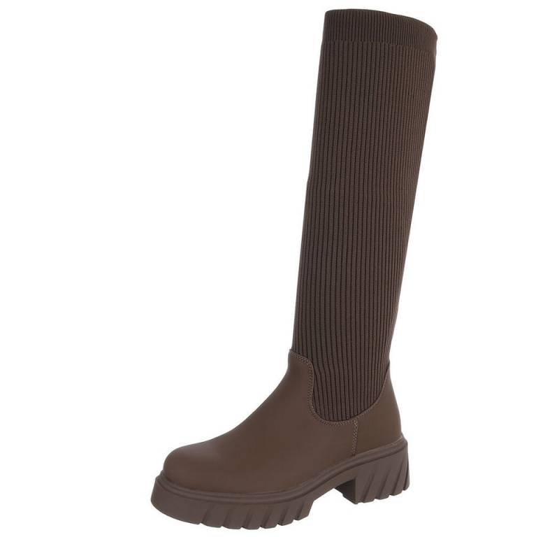 Ital-Design Kniehohe Damenstiefel mit strukturiertem Schaft und Blockabsatz Plateaustiefel (90514842) Blockabsatz Stiefel in Braun von Ital-Design