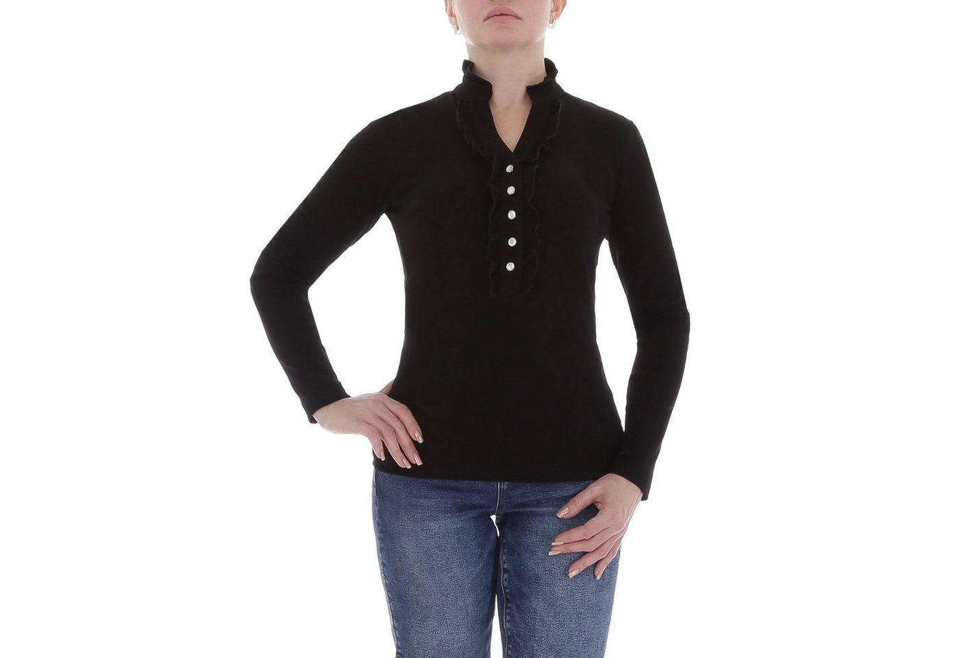 Ital-Design Langarmbluse Damen Elegant (85915904) Rüschen Stretch Top & Shirt in Schwarz von Ital-Design