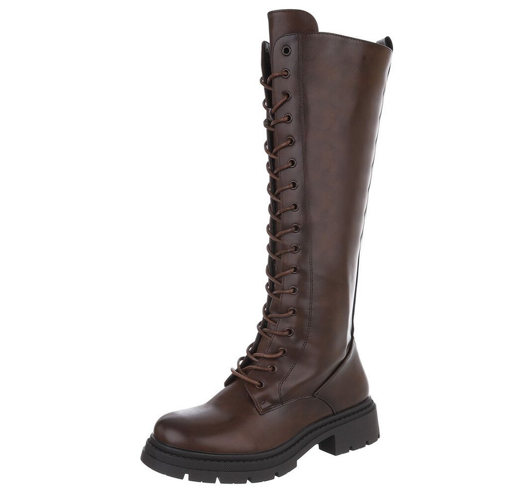 Ital-Design Langer Schnürstiefel für Damen – Komfortabel und stilvoll Plateaustiefel (90109830) Blockabsatz Stiefel in Braun von Ital-Design