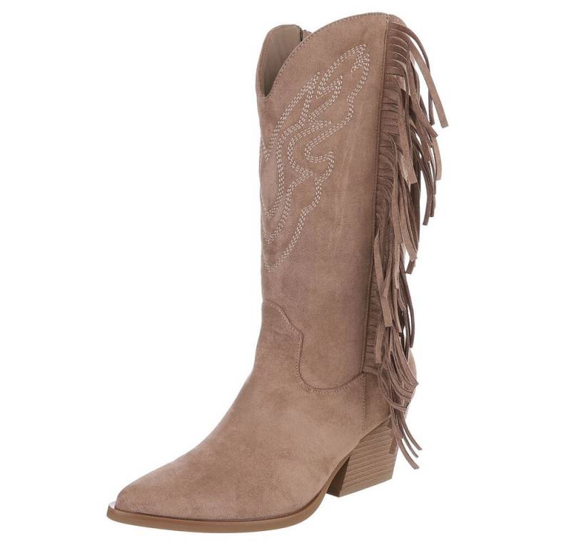 Ital-Design Moderne Damen-Stiefel mit Fransen für Freizeit und Events Westernstiefel (90458152) Blockabsatz Stiefel in Hellbraun von Ital-Design