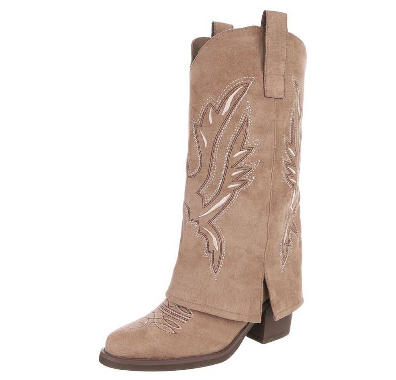 Ital-Design Moderne Damen-Stiefel mit Wellenstickerei und Absatz Westernstiefel (90726904) Blockabsatz Stiefel in Hellbraun von Ital-Design