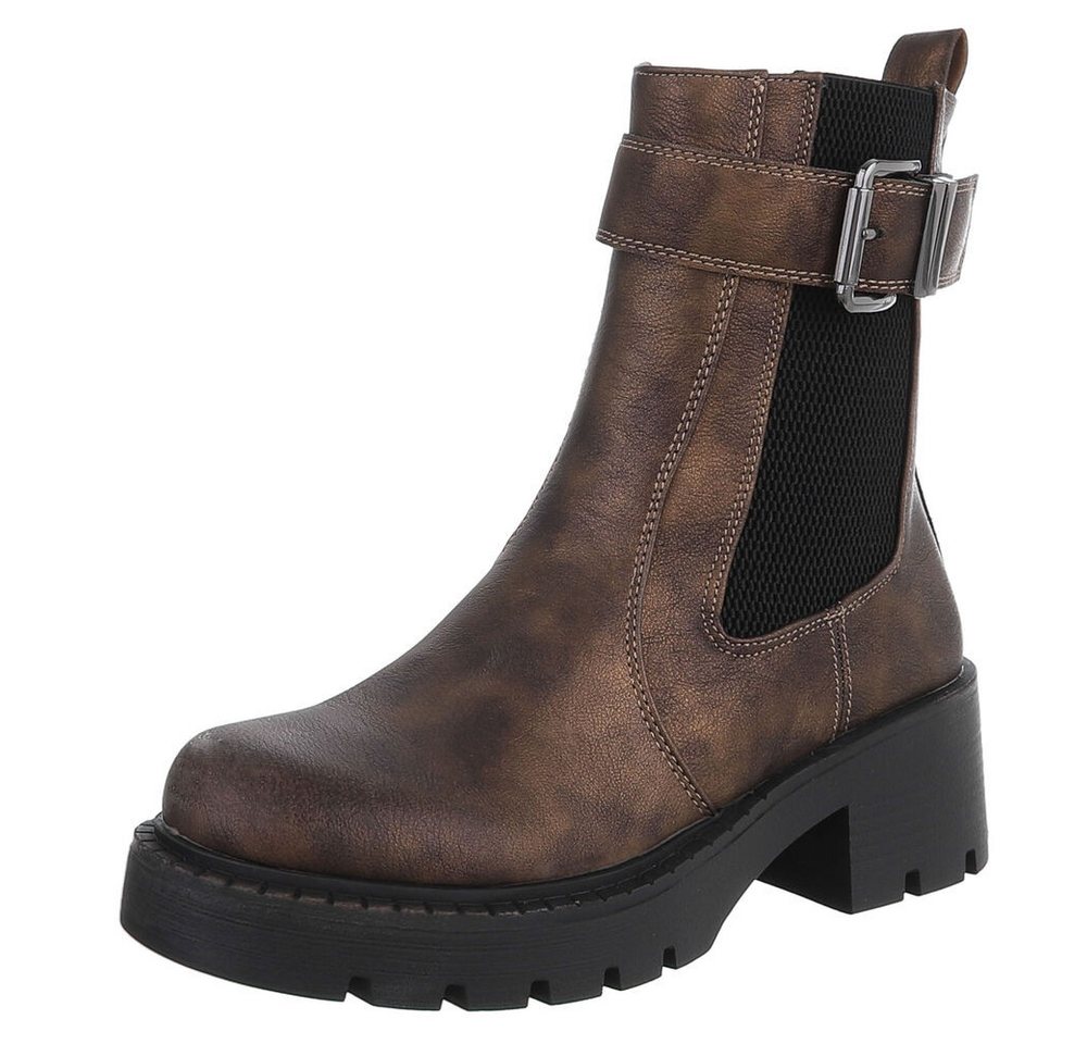 Ital-Design Moderne Stiefeletten mit Schnalle und elastischem Einsatz Plateaustiefelette (90726950) Blockabsatz Stiefeletten in Camel von Ital-Design