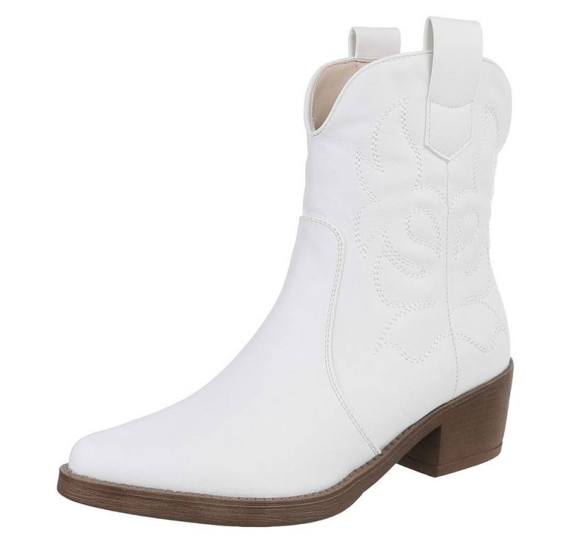 Ital-Design Modische Cowboy-Stiefel mit Verzierungen für Damen Westernstiefelette (89938123) Blockabsatz Stiefeletten in Weiß von Ital-Design