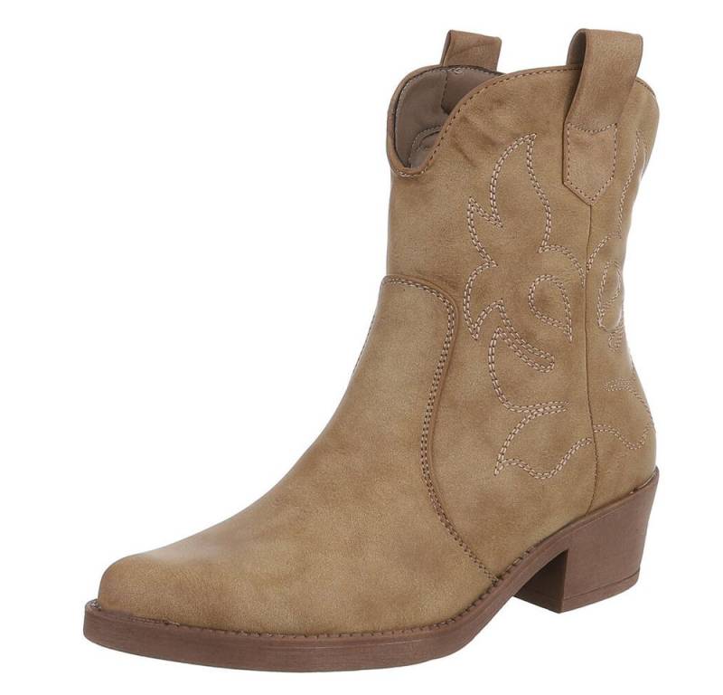 Ital-Design Modische Cowboy-Stiefel mit Verzierungen für Damen Westernstiefelette (89938129) Blockabsatz Stiefeletten in Hellbraun von Ital-Design