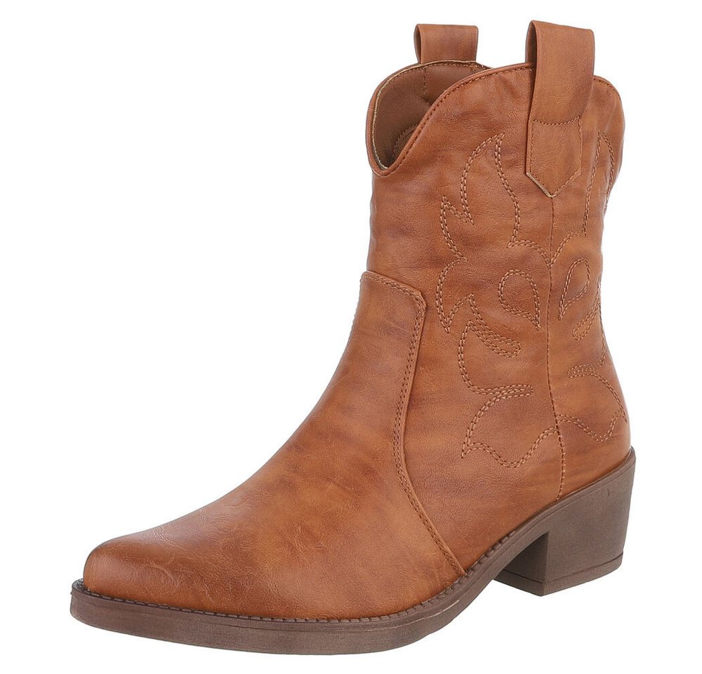 Ital-Design Modische Cowboy-Stiefel mit Verzierungen für Damen Westernstiefelette (89938132) Blockabsatz Stiefeletten in Camel von Ital-Design