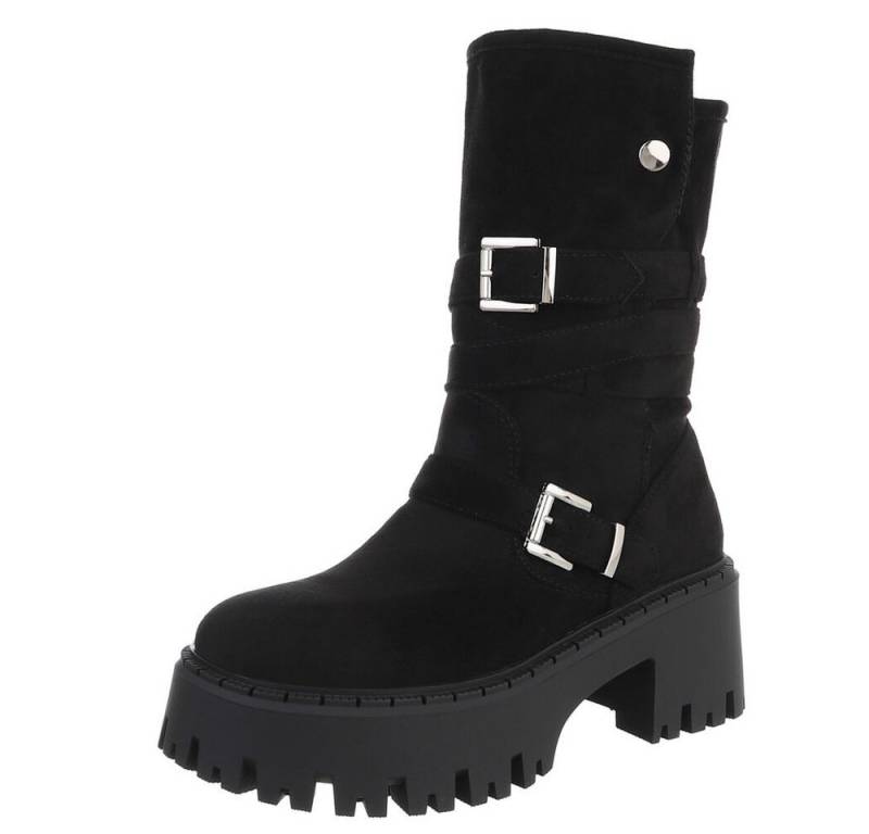 Ital-Design Modische Damen Stiefeletten mit Schnallen und Profilsohle Plateaustiefel (90169582) Blockabsatz Stiefel in Schwarz von Ital-Design