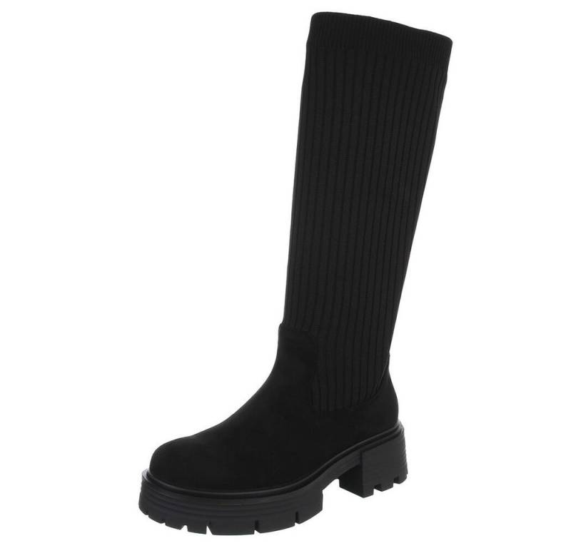 Ital-Design Modische Kniehohe Stiefel mit Rippen-Design für Damen Plateaustiefel (90727055) Blockabsatz Stiefel in Schwarz von Ital-Design