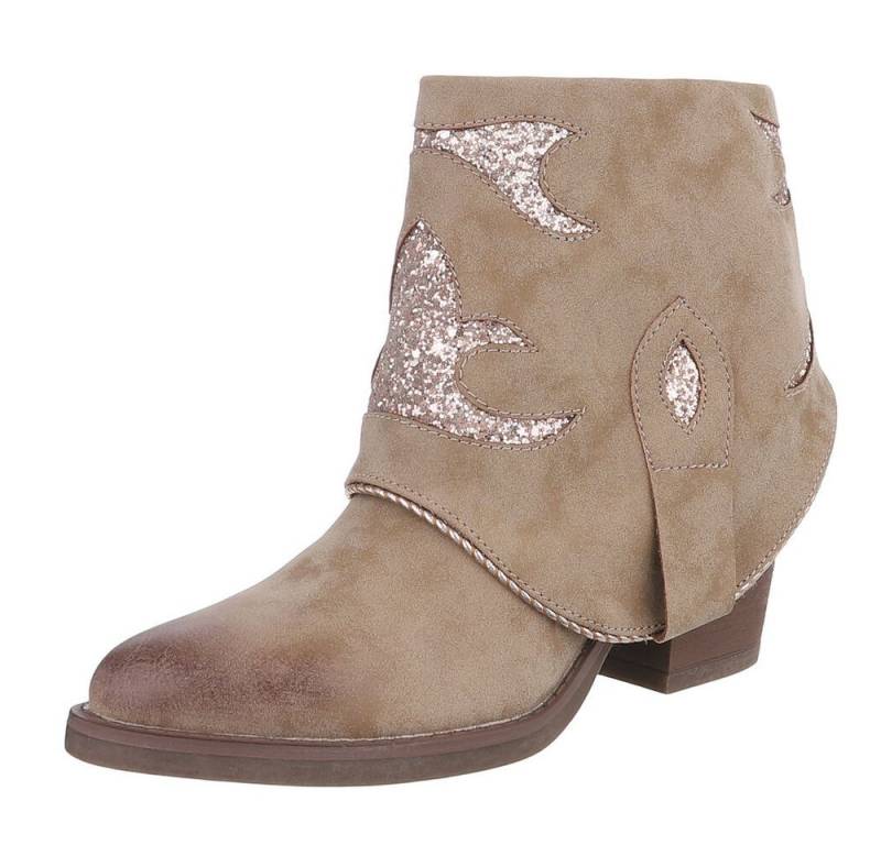 Ital-Design Modische Stiefelette mit Glitzer-Details für Damen Westernstiefelette (90482691) Blockabsatz Stiefeletten in Hellbraun von Ital-Design