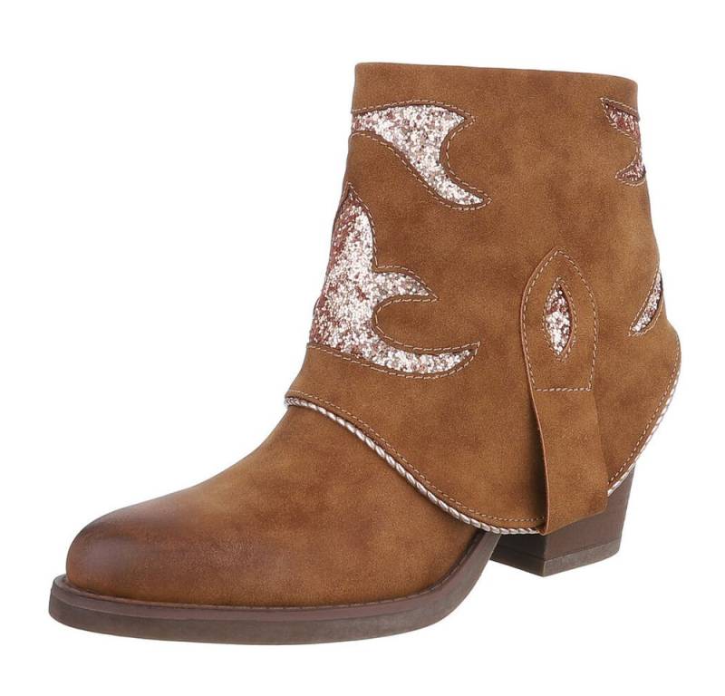 Ital-Design Modische Stiefelette mit Glitzer-Details für Damen Westernstiefelette (90482698) Blockabsatz Stiefeletten in Camel von Ital-Design