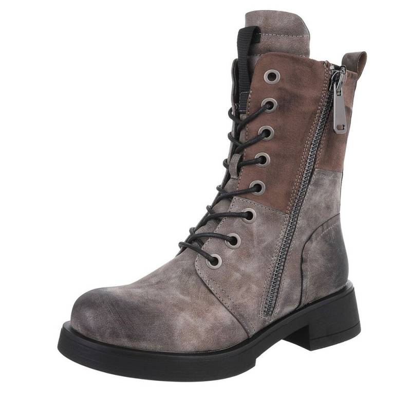 Ital-Design Modischer Damen-Boot mit Reißverschluss und Schnürung Schnürstiefelette (90515074) Blockabsatz Schnürstiefeletten in Grau von Ital-Design