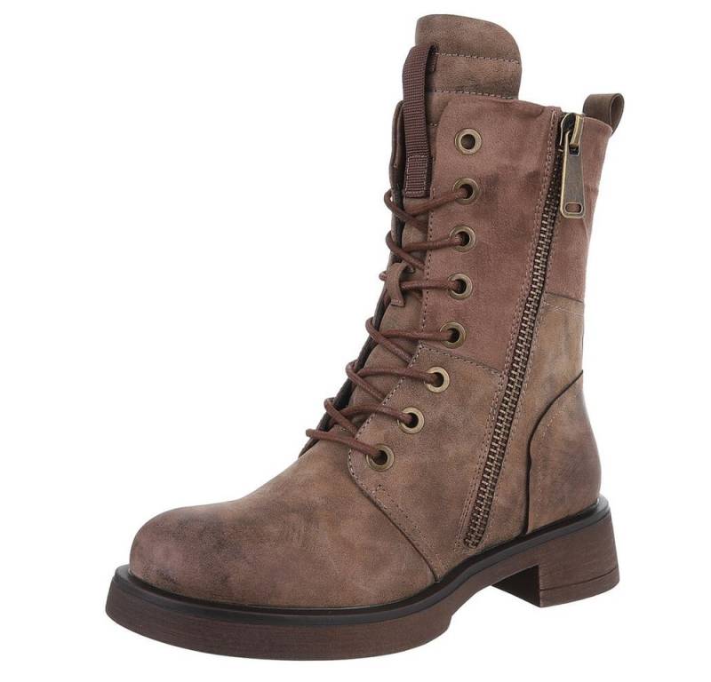 Ital-Design Modischer Damen-Boot mit Reißverschluss und Schnürung Schnürstiefelette (90515090) Blockabsatz Schnürstiefeletten in Braun von Ital-Design