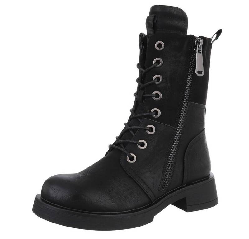 Ital-Design Modischer Damen-Boot mit Reißverschluss und Schnürung Schnürstiefelette (90515096) Blockabsatz Schnürstiefeletten in Schwarz von Ital-Design