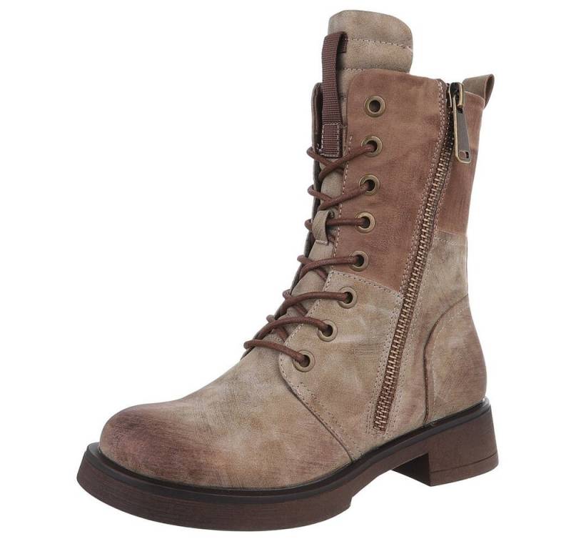 Ital-Design Modischer Damen-Boot mit Reißverschluss und Schnürung Schnürstiefelette (90515104) Blockabsatz Schnürstiefeletten in Beige von Ital-Design