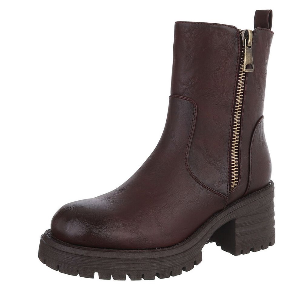 Ital-Design Modischer Damen Stiefel mit Zipper und Blockabsatz Plateaustiefelette (90649134) Blockabsatz Stiefeletten in Weinrot von Ital-Design