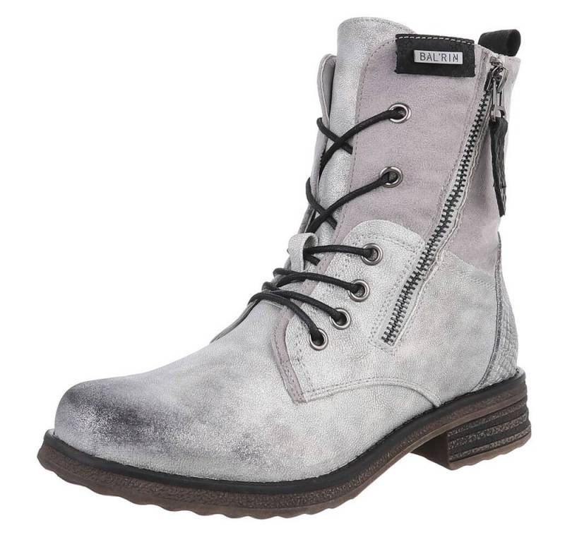 Ital-Design Modischer Damenstiefel mit Schnürung und Reißverschluss Stiefelette (90169733) Blockabsatz Schnürstiefeletten in Silber von Ital-Design