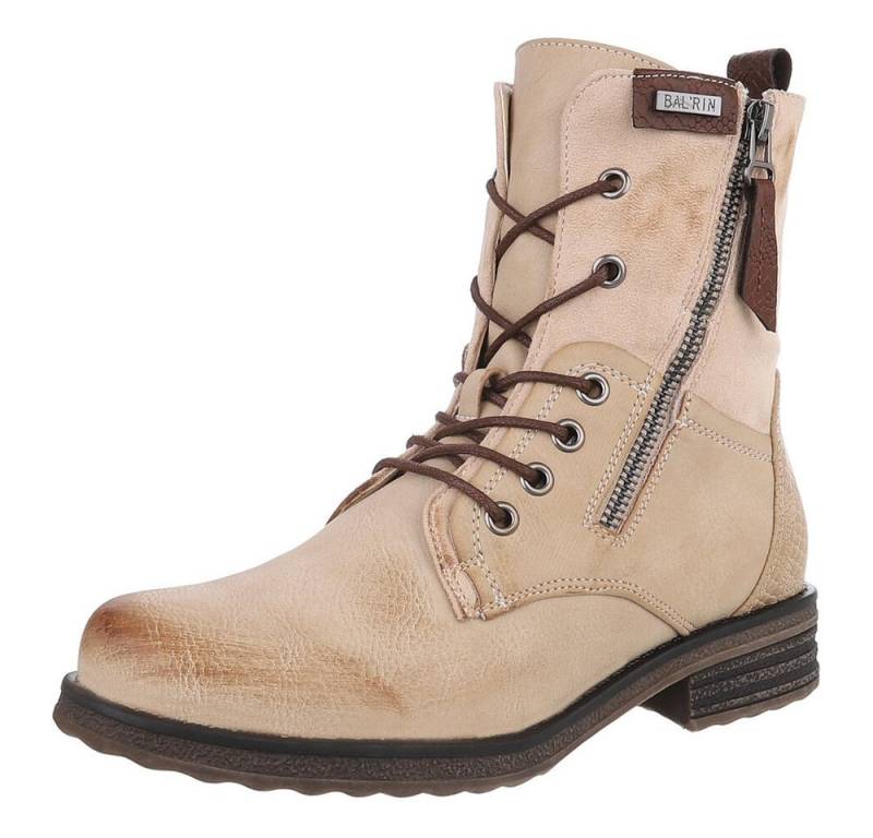 Ital-Design Modischer Damenstiefel mit Schnürung und Reißverschluss Stiefelette (90169764) Blockabsatz Schnürstiefeletten in Beige von Ital-Design