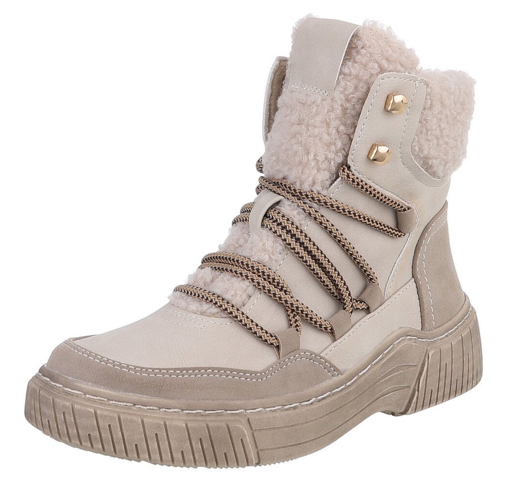 Ital-Design Modischer Halbschuh mit Schnürung und Innenfutter für Damen Stiefelette (90598802) Flach Plateaustiefeletten in Beige von Ital-Design