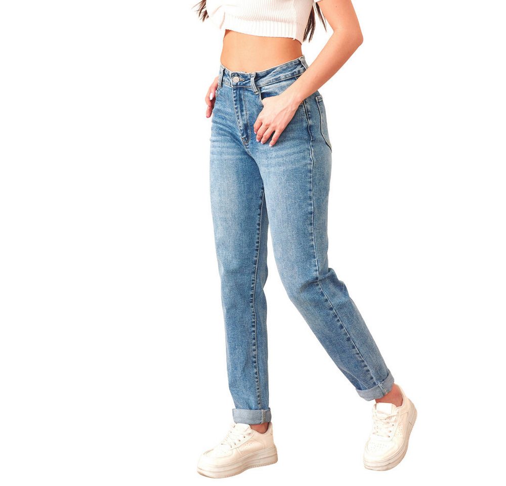 Ital-Design Mom-Jeans High-Waist Jeans für Damen – Komfortable Freizeitmode (90552457) Used-Look Stretch High Waist Jeans in Hellblau von Ital-Design