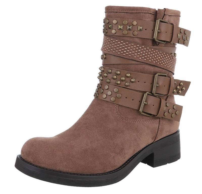 Ital-Design Rebellische Damen Boots mit Nieten und Riemen Stiefelette (90726798) Blockabsatz Western- & Bikerboots in Hellbraun von Ital-Design