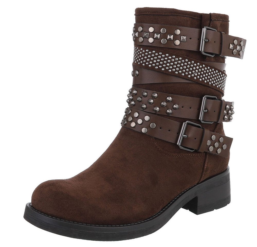 Ital-Design Rebellische Damen Boots mit Nieten und Riemen Stiefelette (90726804) Blockabsatz Western- & Bikerboots in Braun von Ital-Design