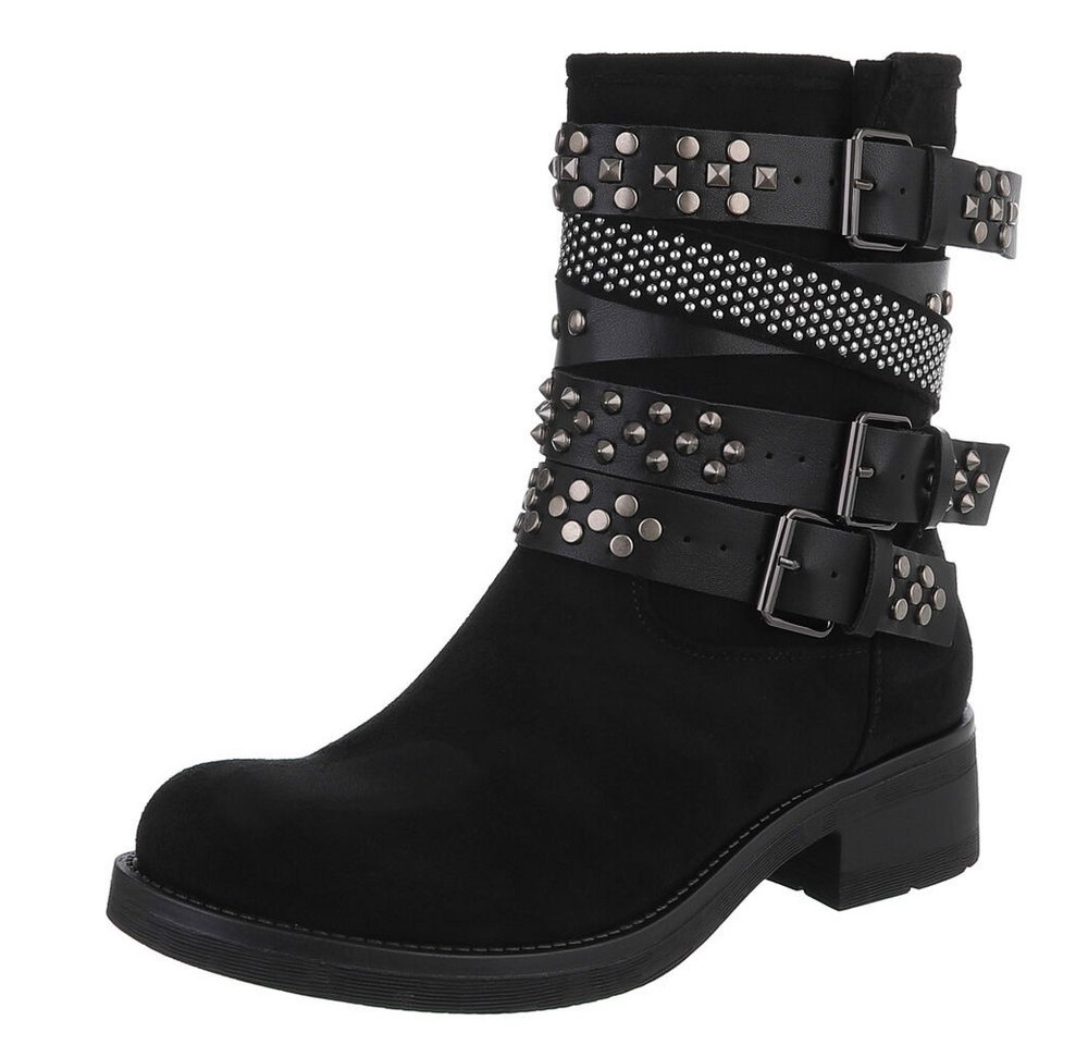 Ital-Design Rebellische Damen Boots mit Nieten und Riemen Stiefelette (90726814) Blockabsatz Western- & Bikerboots in Schwarz von Ital-Design