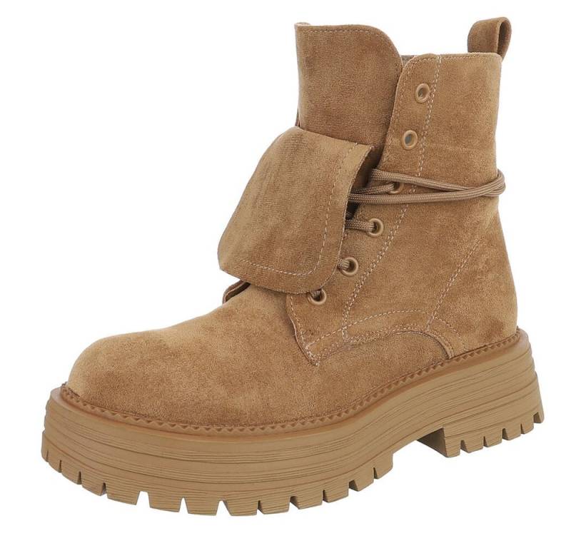 Ital-Design Robuste Damen Freizeitboots mit markanter Sohle Schnürstiefelette (90169531) Blockabsatz Stiefeletten in Hellbraun von Ital-Design