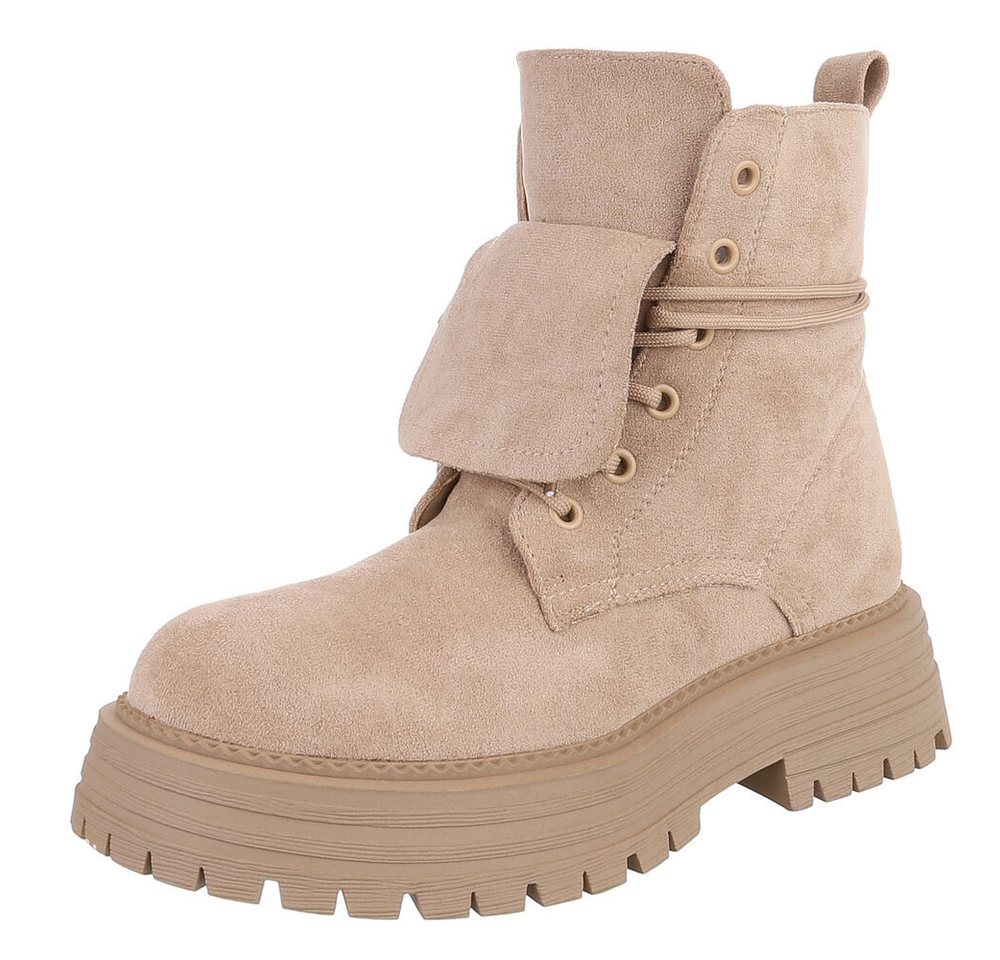 Ital-Design Robuste Damen Freizeitboots mit markanter Sohle Schnürstiefelette (90169549) Blockabsatz Stiefeletten in Beige von Ital-Design