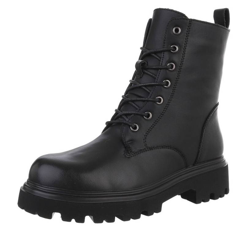 Ital-Design Robuste Lederstiefel für Damen mit Schnürung und Gummisohle Stiefelette (90169350) Blockabsatz Plateaustiefeletten in Schwarz von Ital-Design