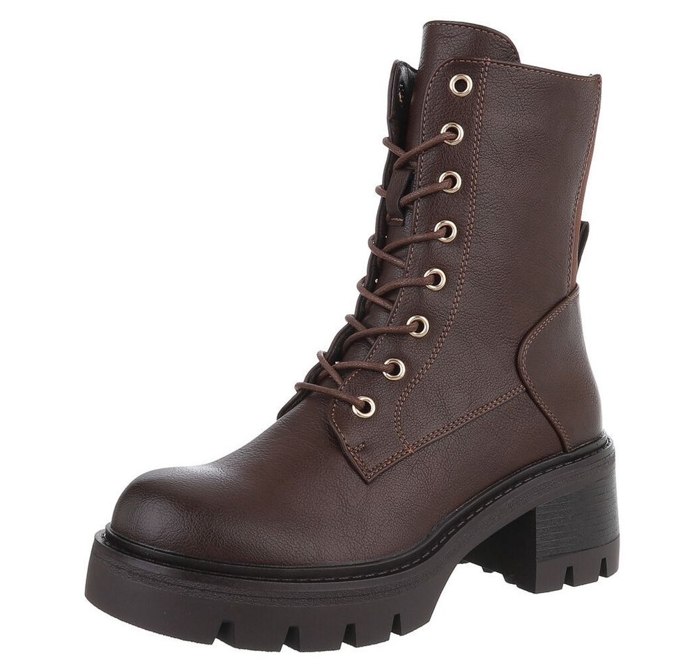 Ital-Design Robuste Stiefelette mit Schnürung für Damen – Herbst-Trend Schnürstiefelette (90152944) Blockabsatz Stiefeletten in Braun von Ital-Design