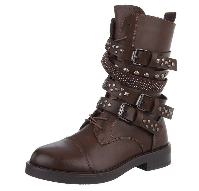 Ital-Design Rockige Boots mit Schnallen und Nieten für Damen Stiefelette (90153067) Blockabsatz Schnürstiefeletten in Braun von Ital-Design