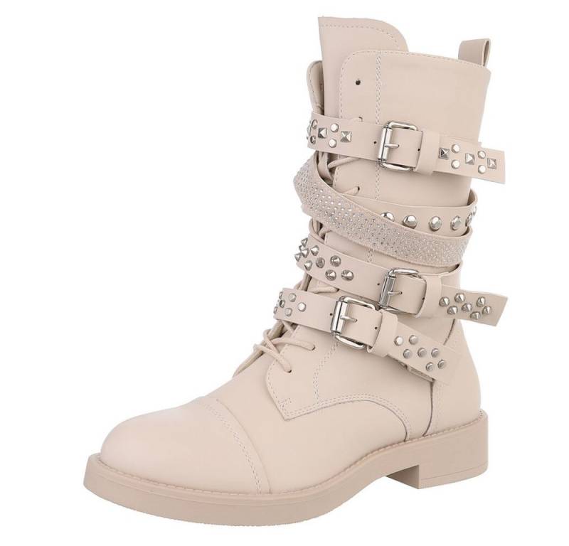 Ital-Design Rockige Boots mit Schnallen und Nieten für Damen Stiefelette (90153079) Blockabsatz Schnürstiefeletten in Beige von Ital-Design