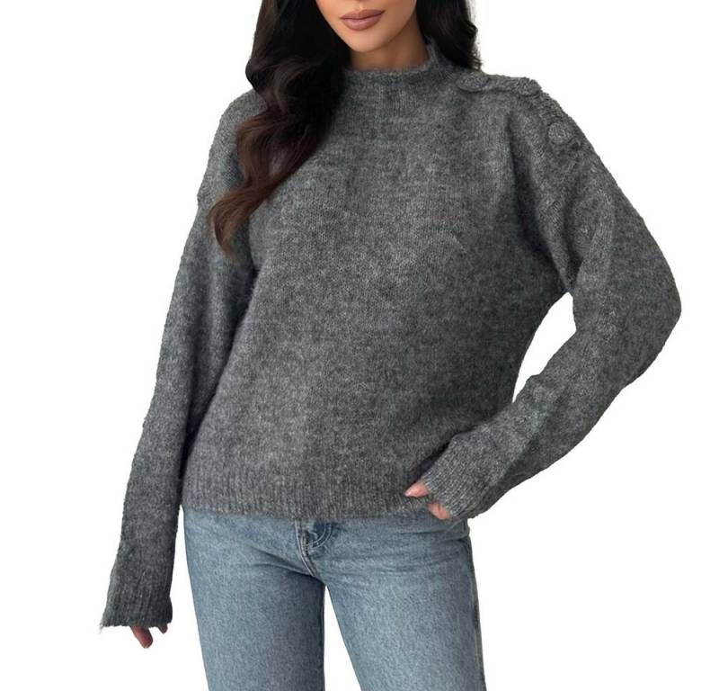 Ital-Design Rundhalspullover Stylischer Damenpullover mit Knopfdetails für Herbst/Winter (90763955) Stretch Strickpullover in Grau von Ital-Design