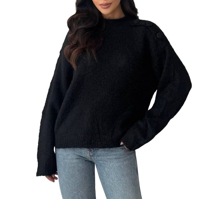 Ital-Design Rundhalspullover Stylischer Damenpullover mit Knopfdetails für Herbst/Winter (90763956) Stretch Strickpullover in Schwarz von Ital-Design
