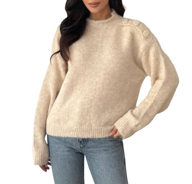 Ital-Design Rundhalspullover Stylischer Damenpullover mit Knopfdetails für Herbst/Winter (90763957) Stretch Strickpullover in Beige von Ital-Design
