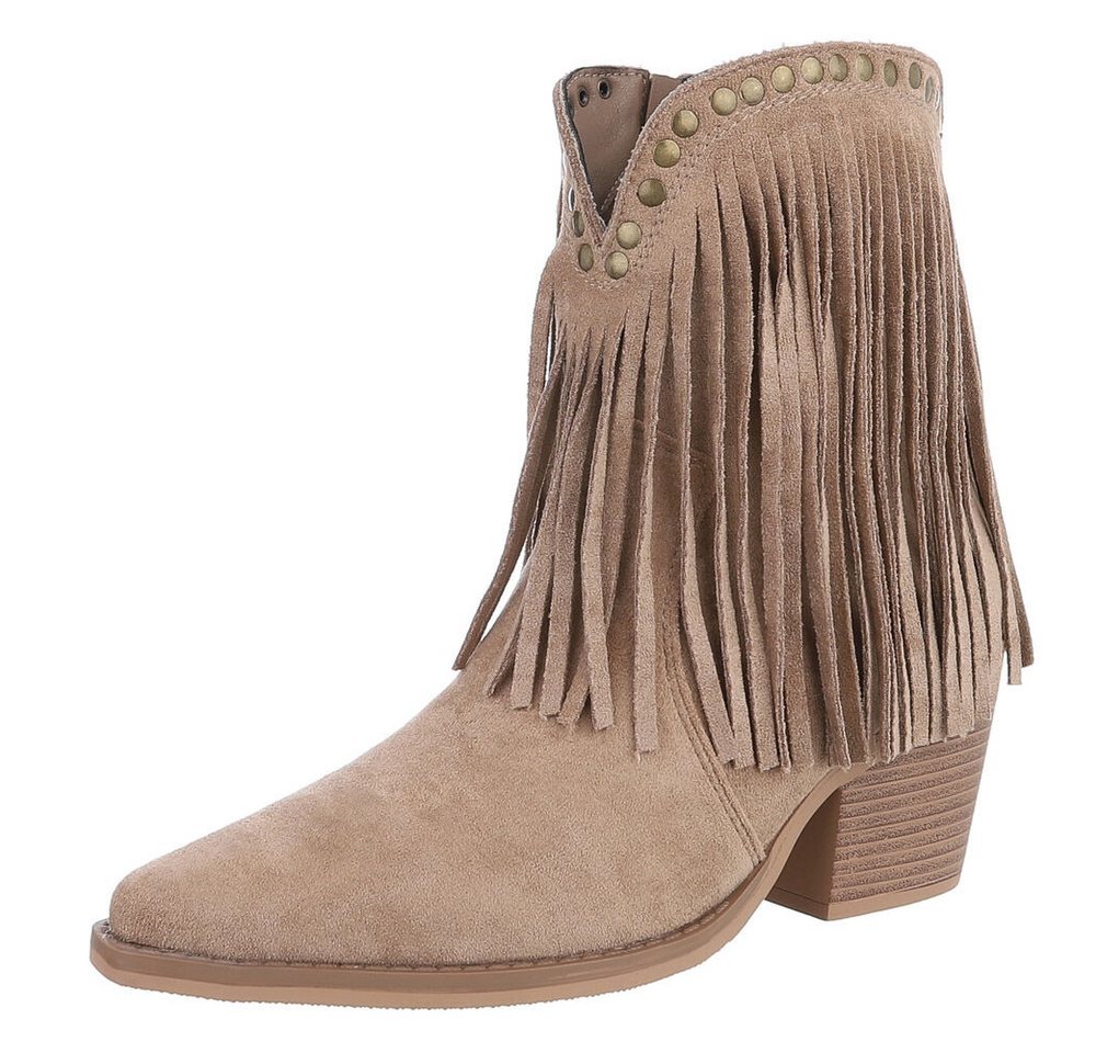 Ital-Design Stiefeletten mit Fransen und Nieten für Damen Westernstiefelette (90704193) Blockabsatz Stiefeletten in Hellbraun von Ital-Design