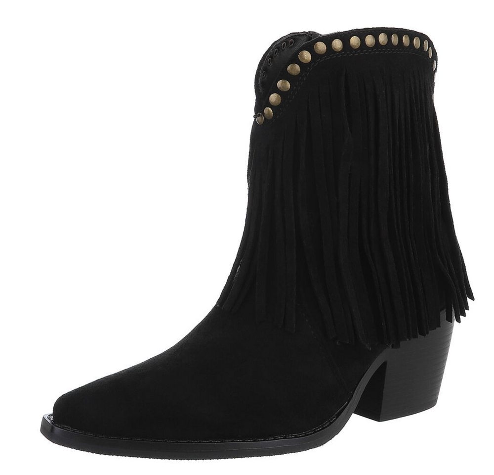 Ital-Design Stiefeletten mit Fransen und Nieten für Damen Westernstiefelette (90704207) Blockabsatz Stiefeletten in Schwarz von Ital-Design