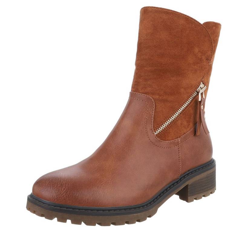 Ital-Design Stilvolle Stiefeletten mit Reißverschluss für Damen Stiefelette (90482575) Blockabsatz Flache Stiefeletten in Camel von Ital-Design