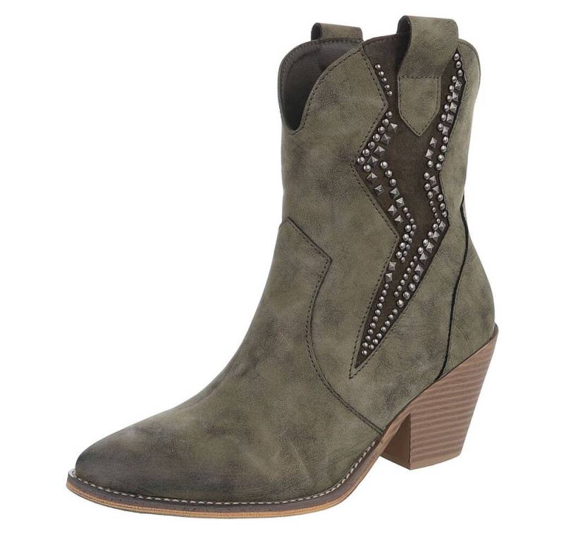 Ital-Design Stilvolle Stiefeletten mit Verzierung für Damen Westernstiefelette (90927527) Blockabsatz Stiefeletten in Grün von Ital-Design