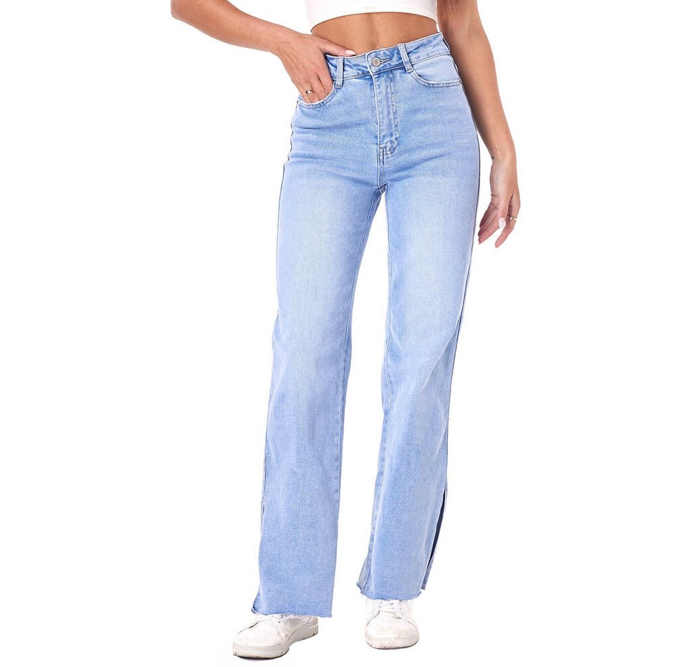 Ital-Design Straight-Jeans Lässige Damenjeans mit seitlichen Details für Alltag (90727812) Destroyed-Look Stretch High Waist Jeans in Hellblau von Ital-Design