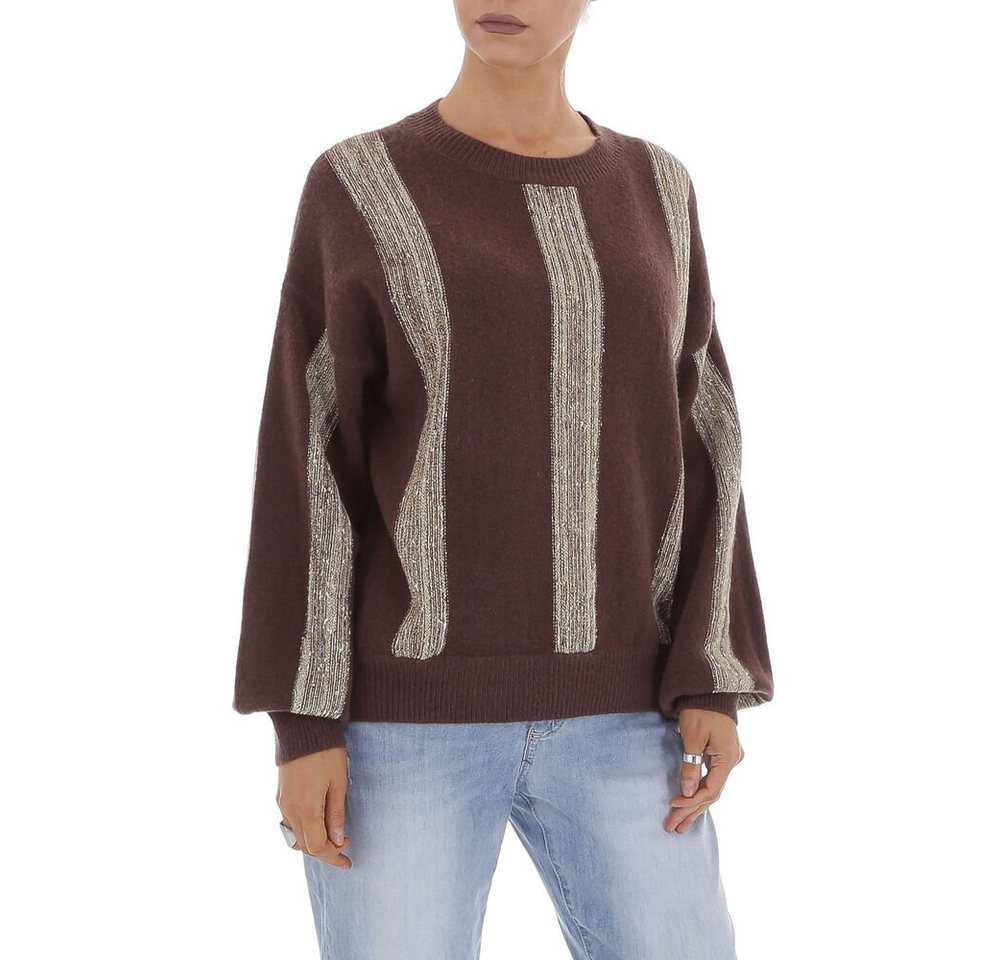 Ital-Design Strickpullover Damen Freizeit (81561300) Glitzer Gestreift Stretch Strickpullover in Braun von Ital-Design