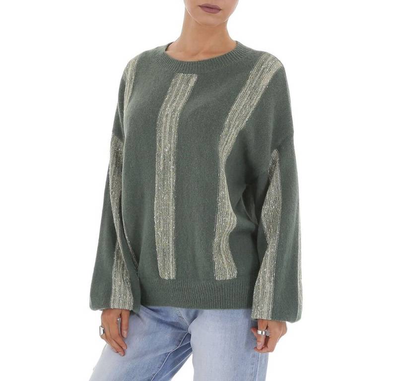 Ital-Design Strickpullover Damen Freizeit (81561302) Glitzer Gestreift Stretch Strickpullover in Grün von Ital-Design